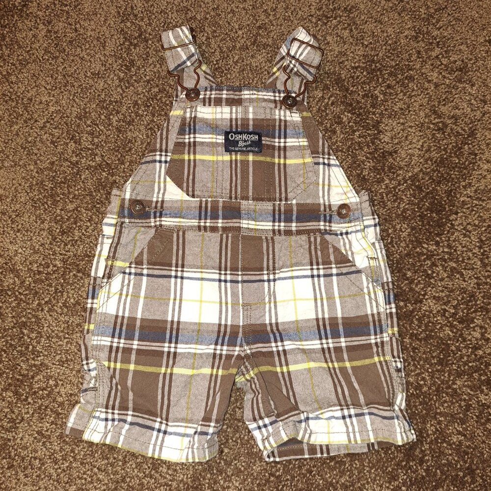 Oshkosh B’Gosh Plaid Shortall Bib Overalls 9m Brown&White Plaid